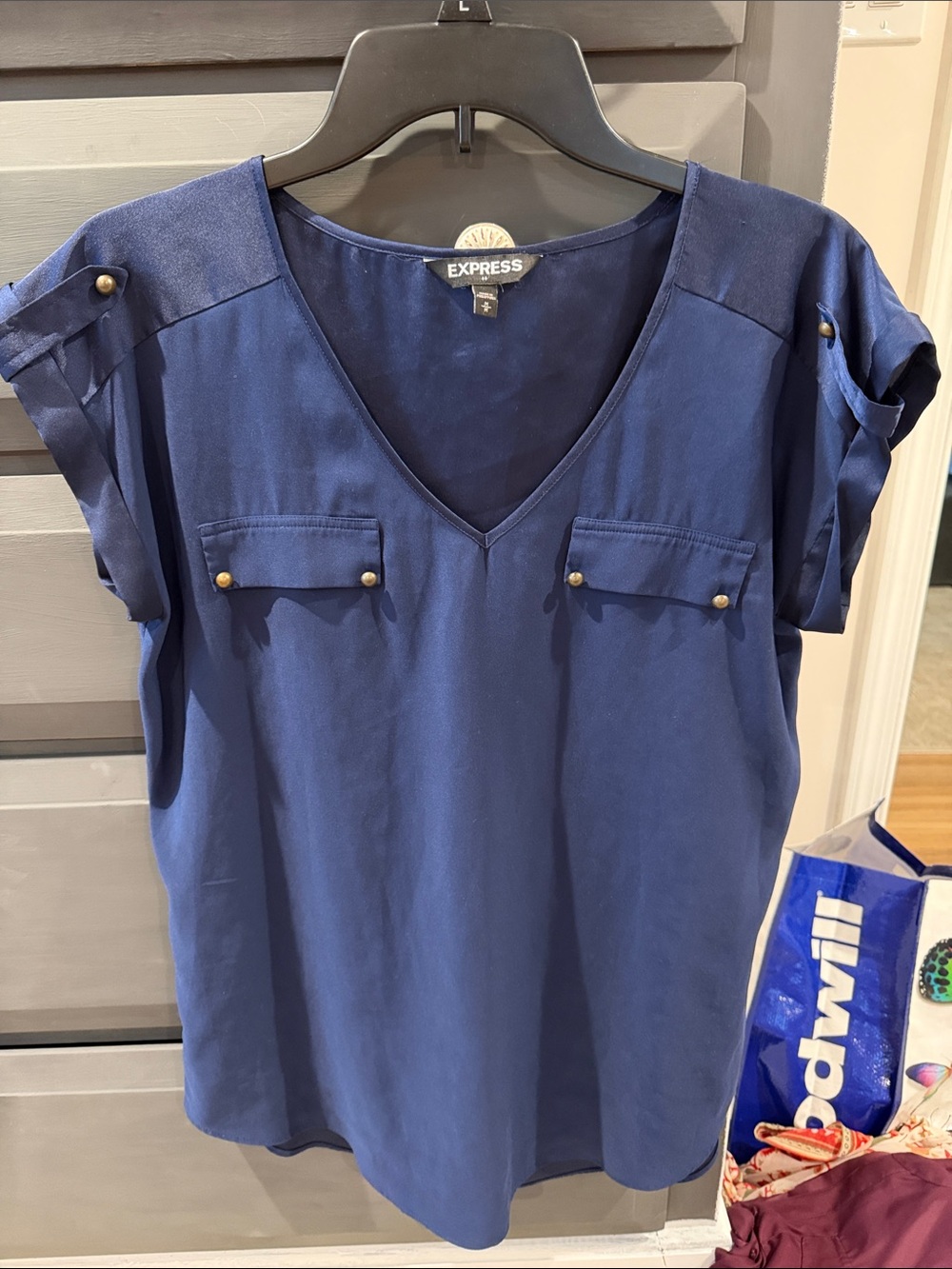 Express Navy V-Neck Short Sleeve Pocket Blouse